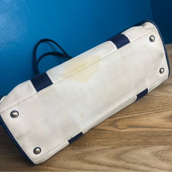 Michael Kors Canvas Leather Trimmed Large Tote Travel Bag Ivory Navy Blue - Picture 5 of 16